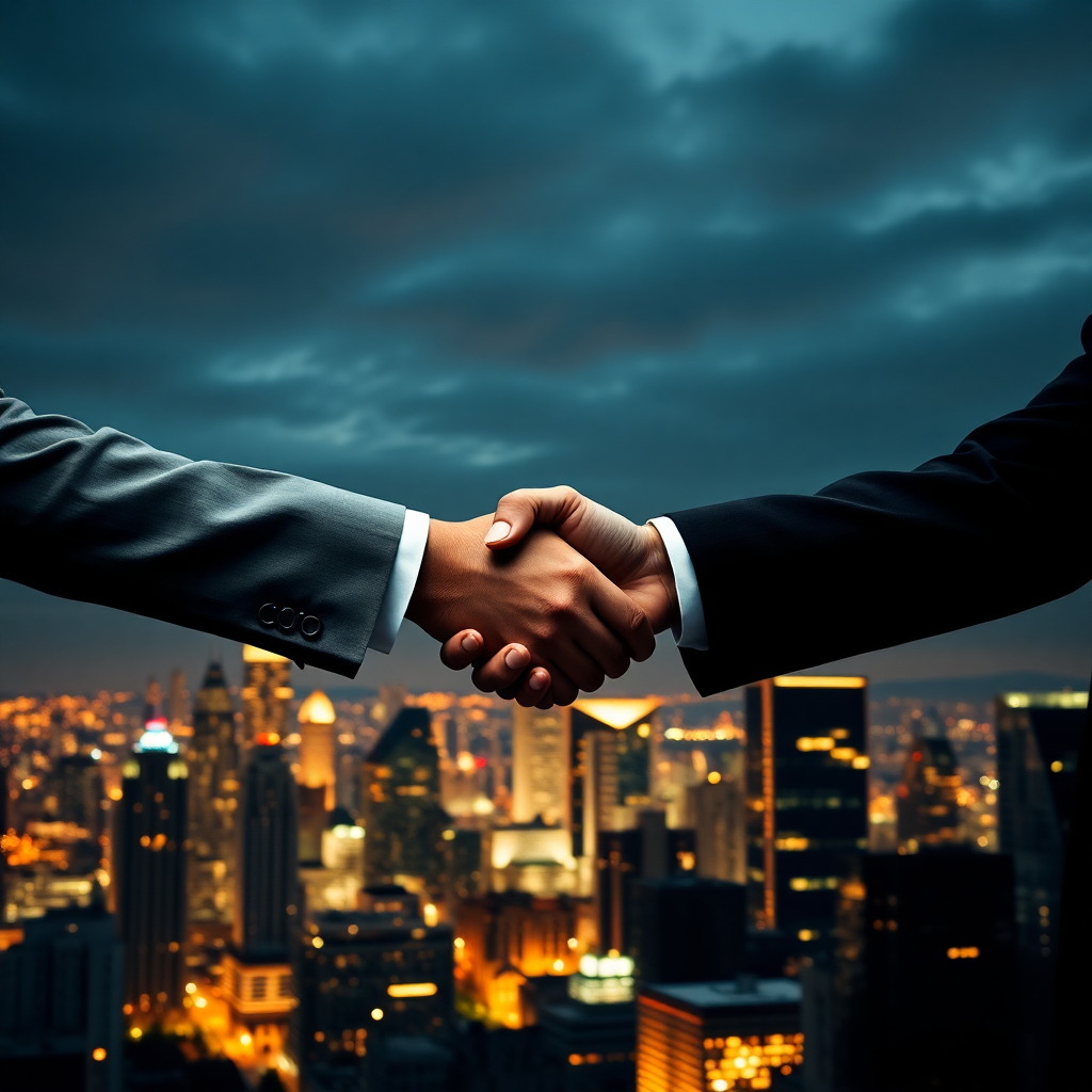 luxury business handshake global partnership skyline background, cinematic dark photography