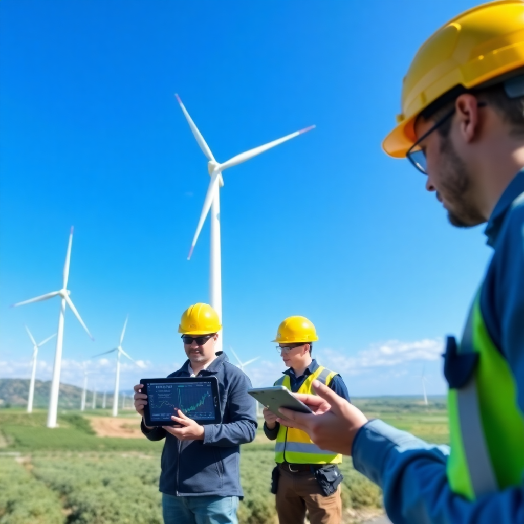 wind turbine farm with maintenance technicians using tablets to monitor turbine performance