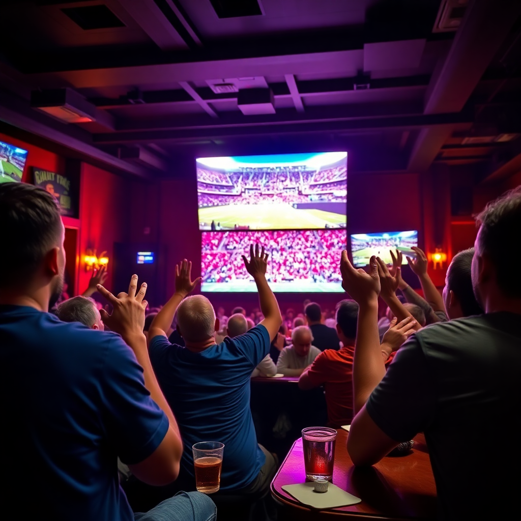 football fans watching big screen pub cheering