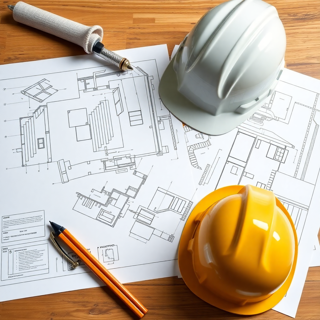 Planos de construcción y casco de seguridad