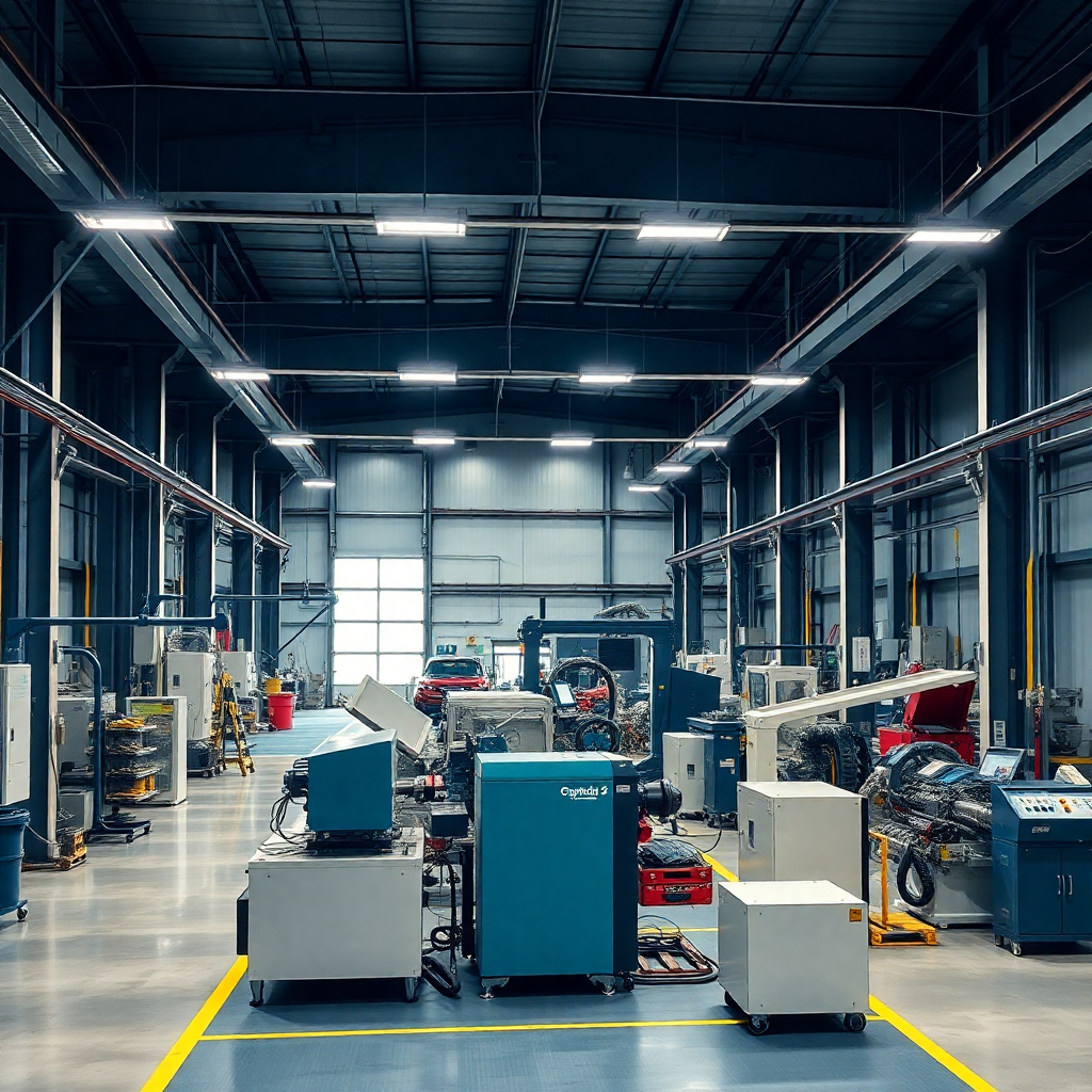 modern industrial manufacturing facility with machinery and equipment, professional lighting, clean environment