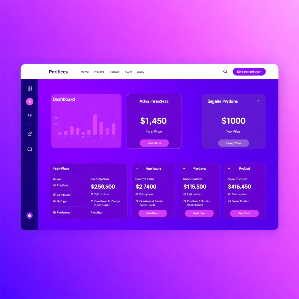 modern pricing dashboard with currency symbols and subscription plans, purple gradient background, professional financial interface