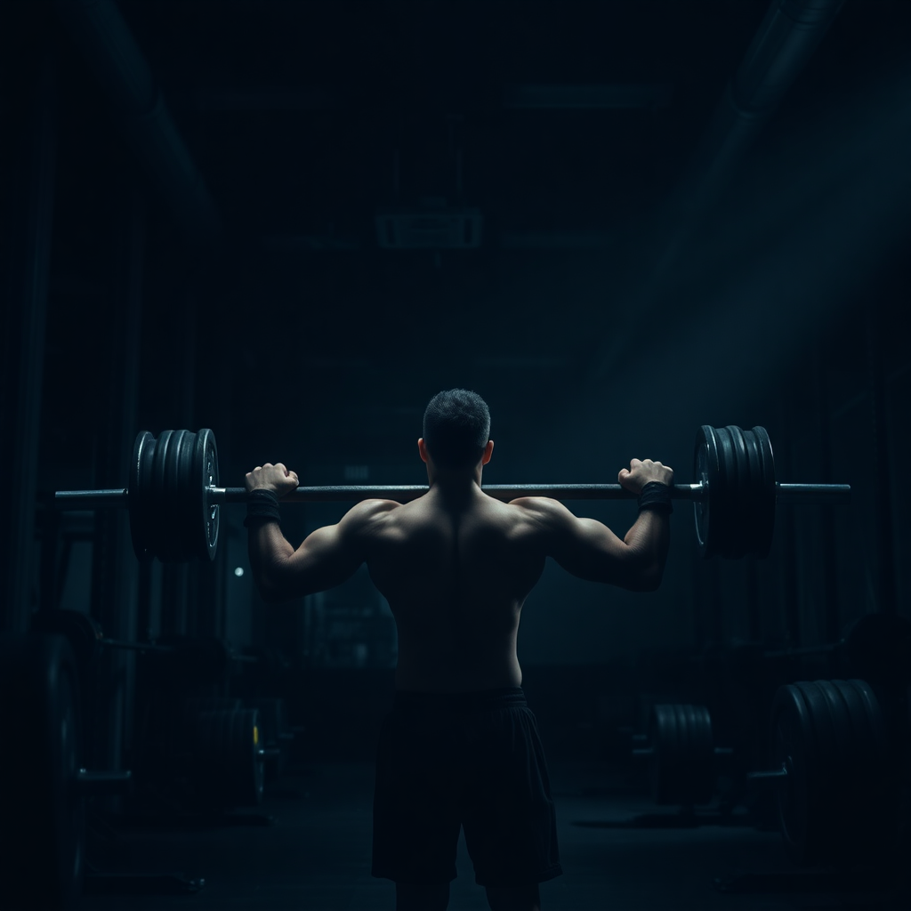intense dark gym interior with athlete lifting weights cinematic lighting dramatic atmosphere