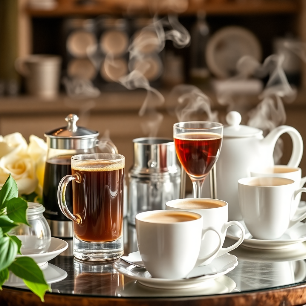 elegant coffee and tea station with premium hot drinks setup for catering, with steam rising from cups, professional food photography