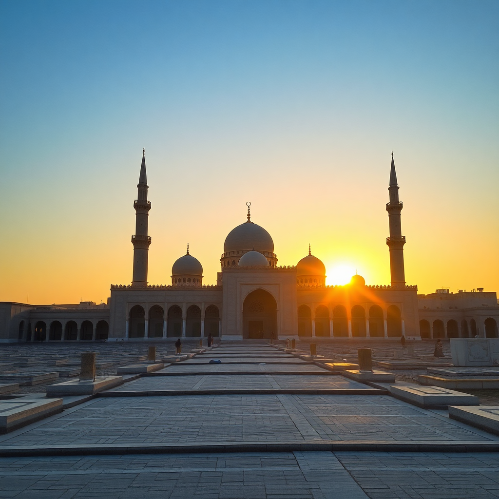 Medina mosque at sunset, Jannat al-Baqi cemetery, Islamic architecture, golden light