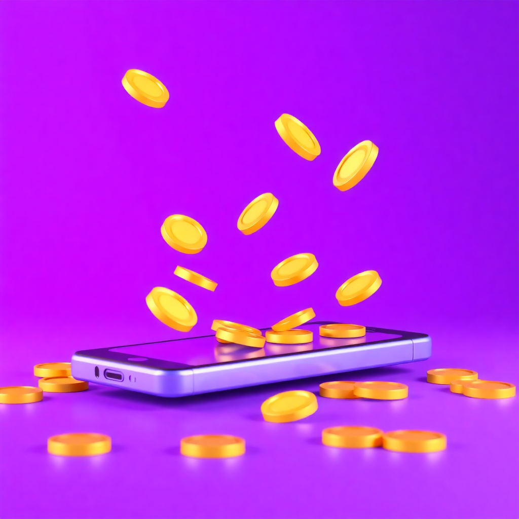 3d smartphone with floating gold coins, purple gradient background