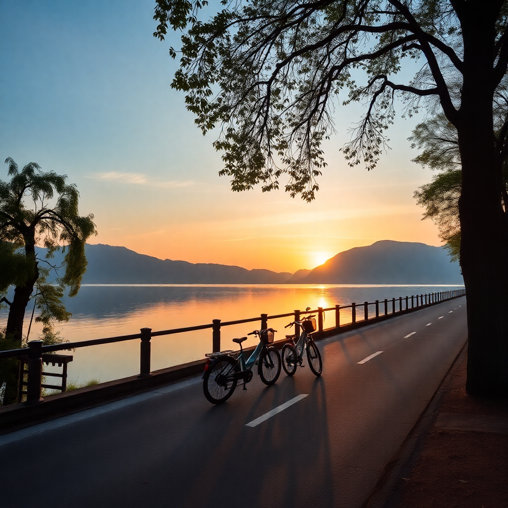 hanoi west lake scenic view with electric bikes, peaceful lakeside road, golden hour lighting, professional travel photography