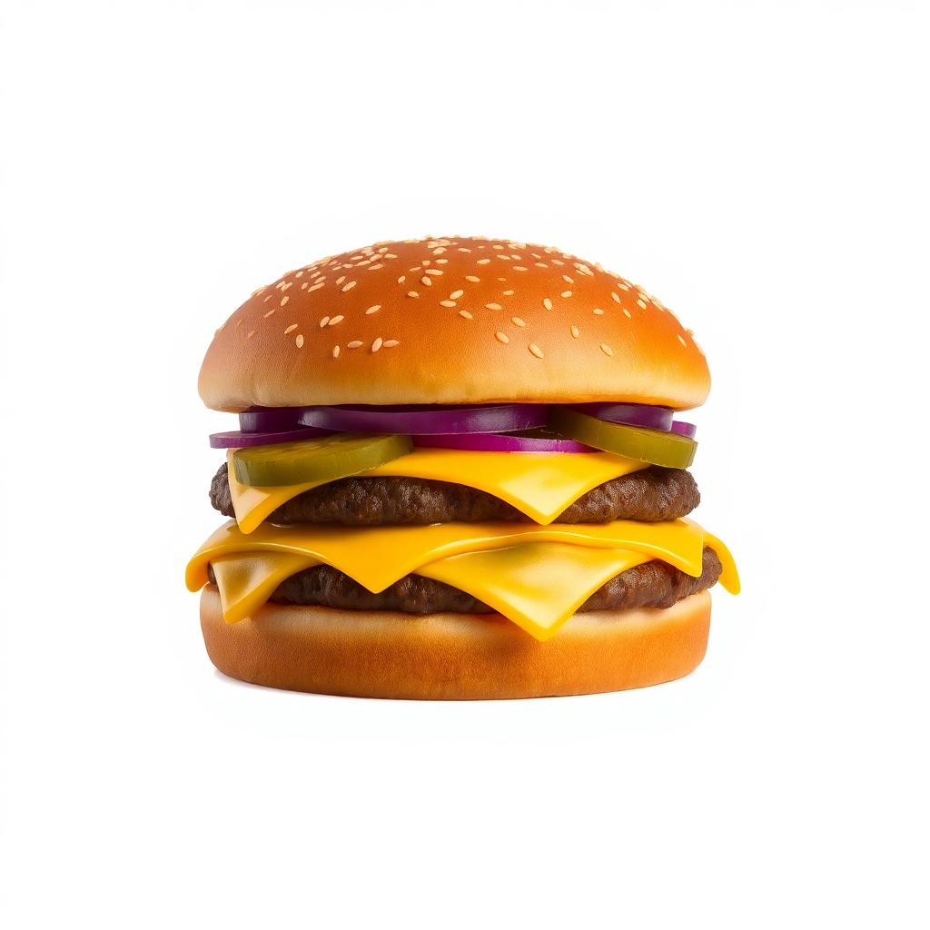 classic double cheeseburger with sesame bun, pickles and onions, isolated on clean background