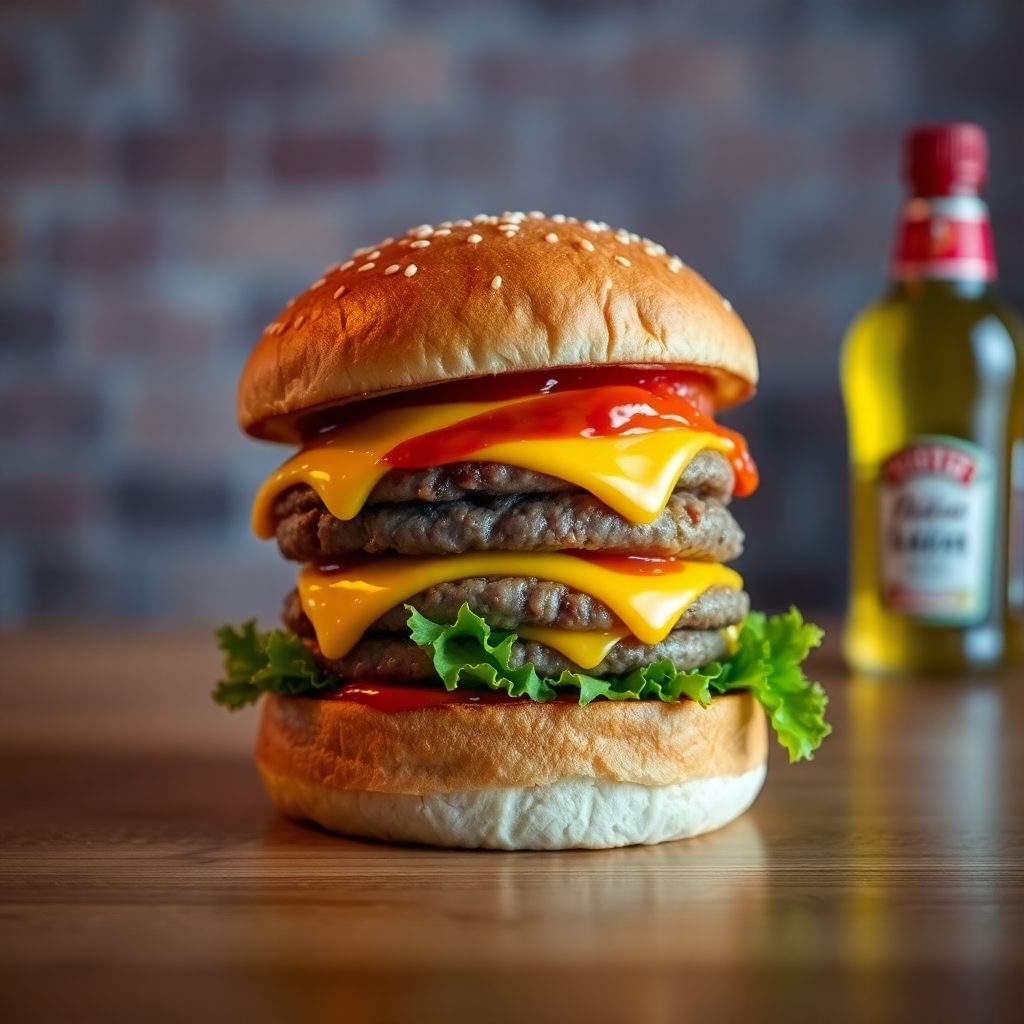 classic double cheeseburger with sesame bun and special sauce, studio lighting