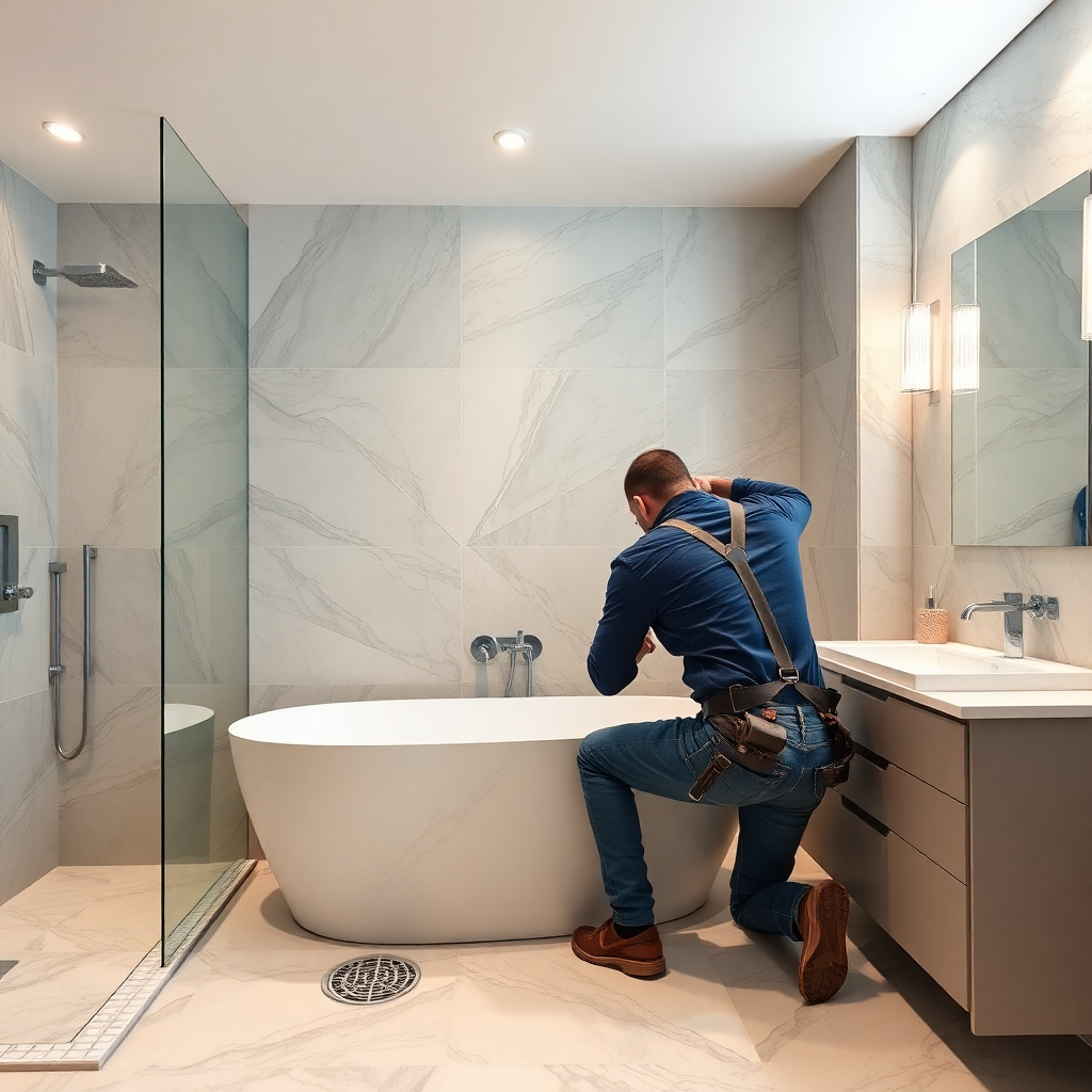 construction worker installing luxury tile in modern bathroom