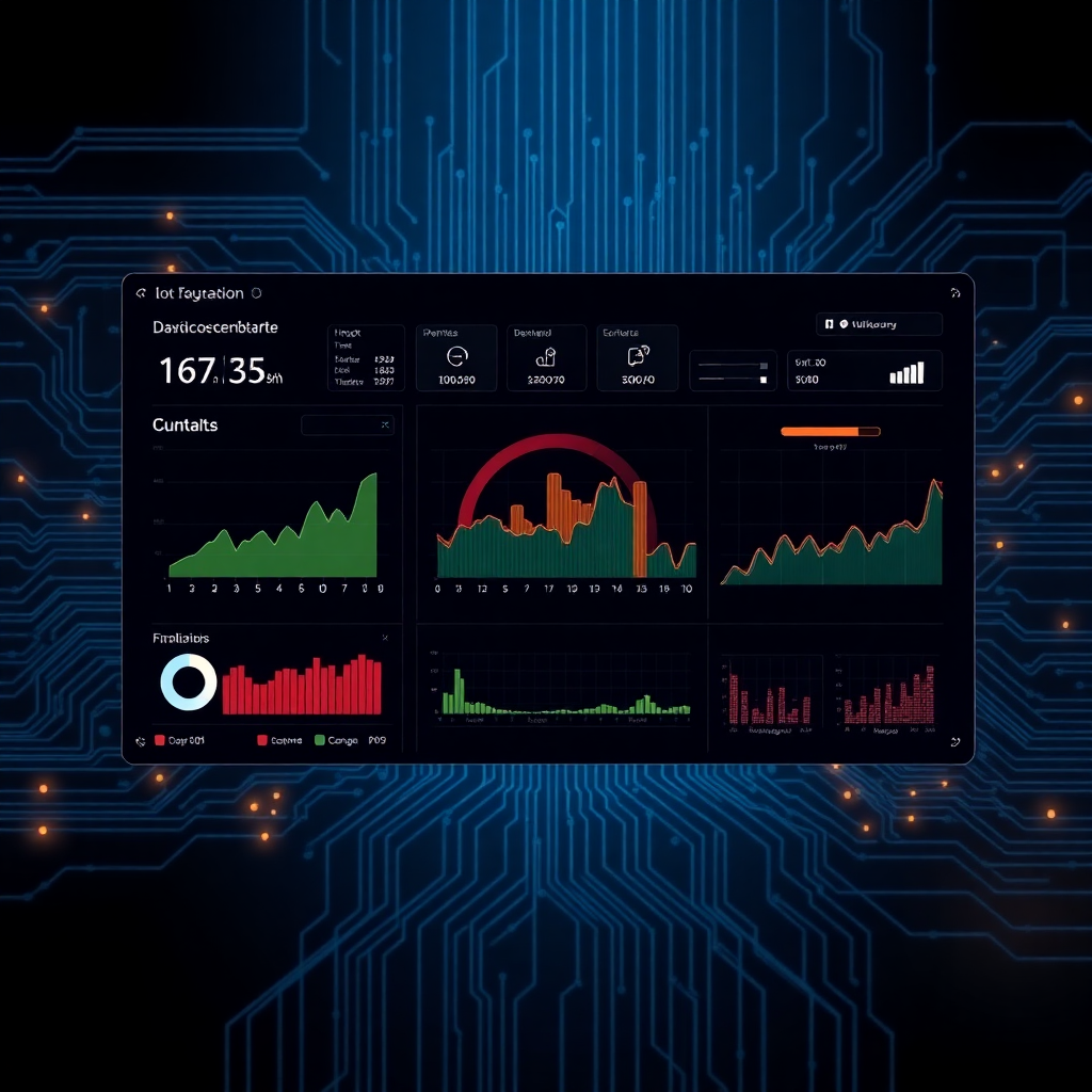 industrial IoT dashboard with data visualization, circuit patterns, dark blue tech background