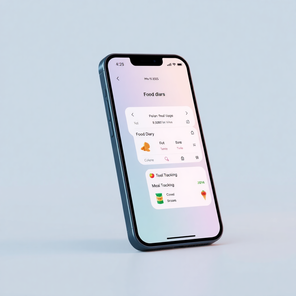 modern sleek smartphone displaying food tracking app interface with beautiful food photography and minimal stats, high end design, 2025 style