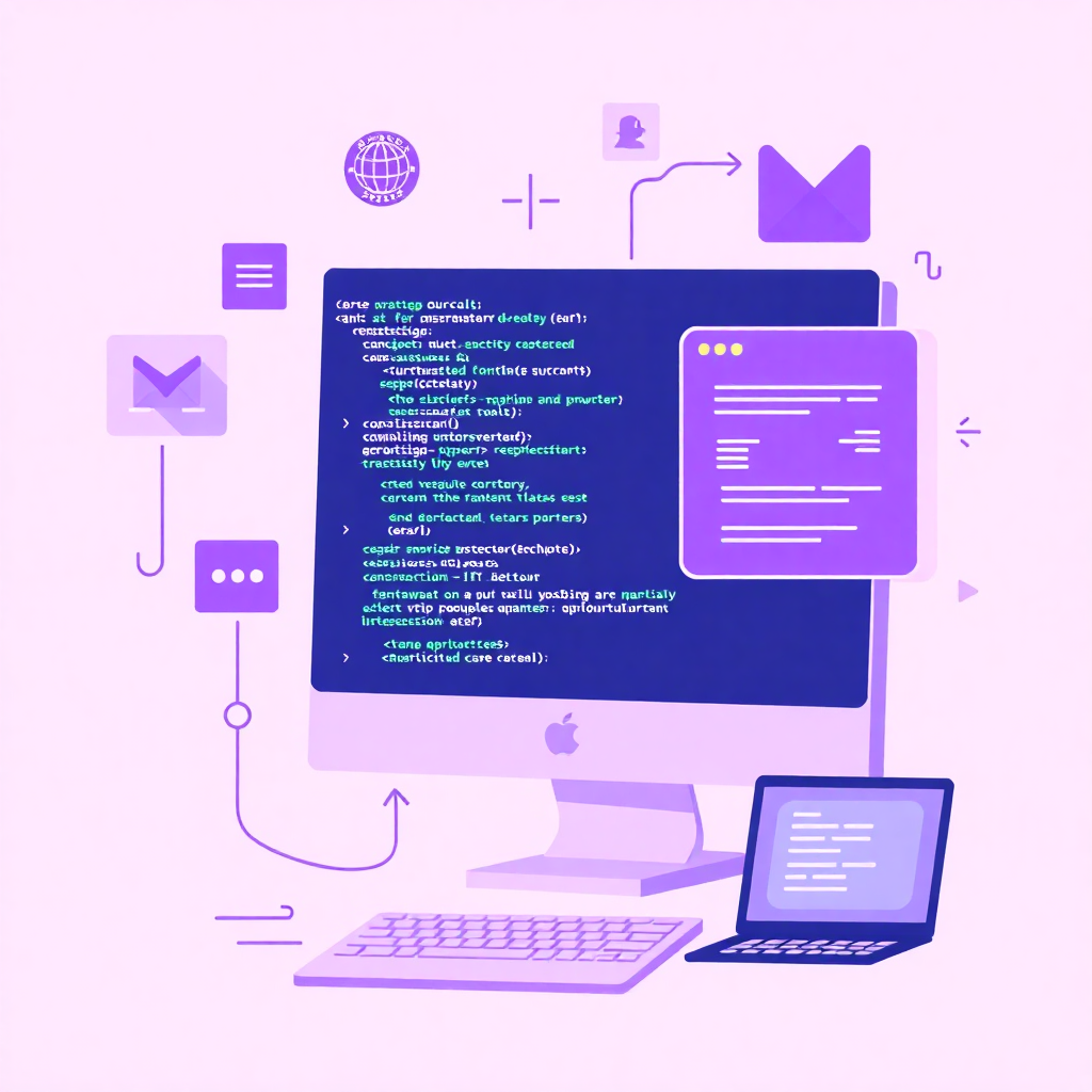 web development illustration with purple theme, showing code, websites and applications being built