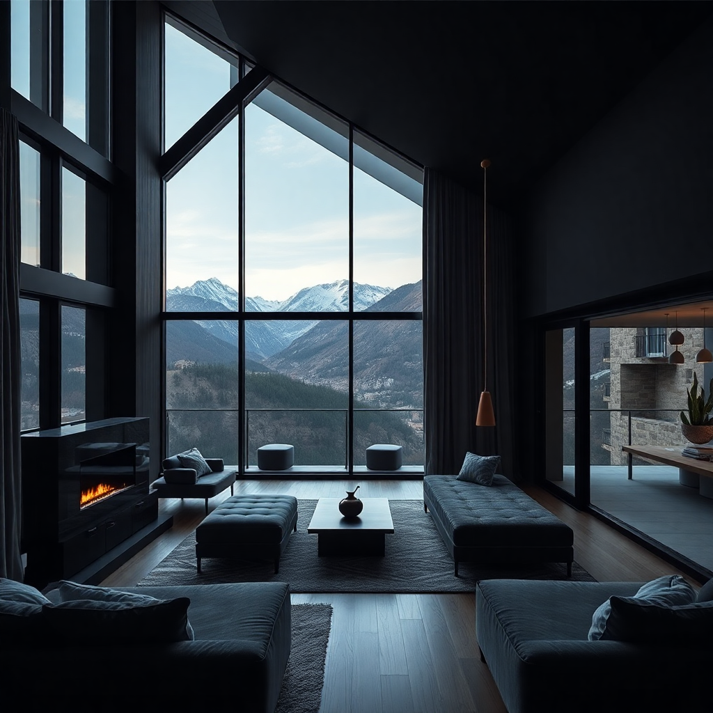 modern luxury apartment interior Escaldes-Engordany Andorra mountain view floor to ceiling windows alpine peaks editorial residential photography dark moody