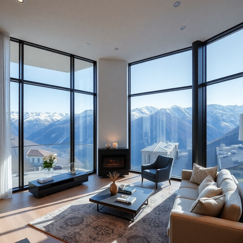 modern luxury apartment interior Andorra mountain view floor to ceiling windows alpine peaks editorial residential photography