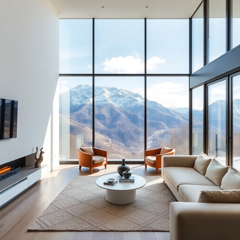 modern luxury apartment interior Andorra mountain view floor to ceiling windows alpine peaks editorial residential photography