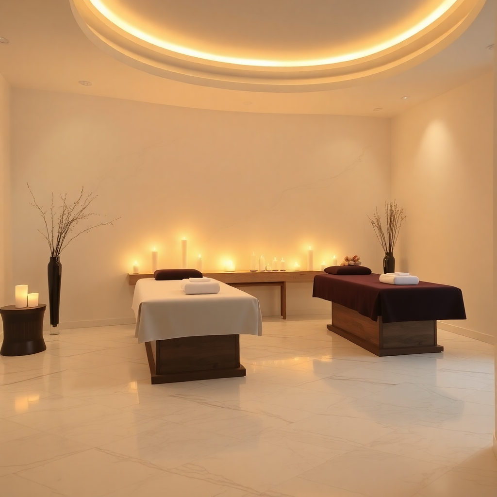 luxury spa with massage tables, zen atmosphere, candles, marble surfaces, tranquil ambiance