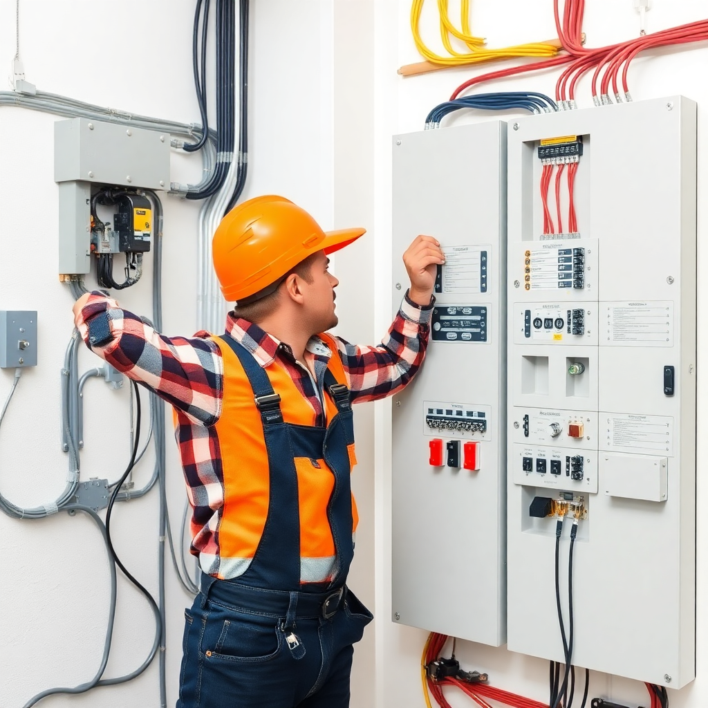 electrical panel installation and wiring work, modern electrical systems, professional electrician at work