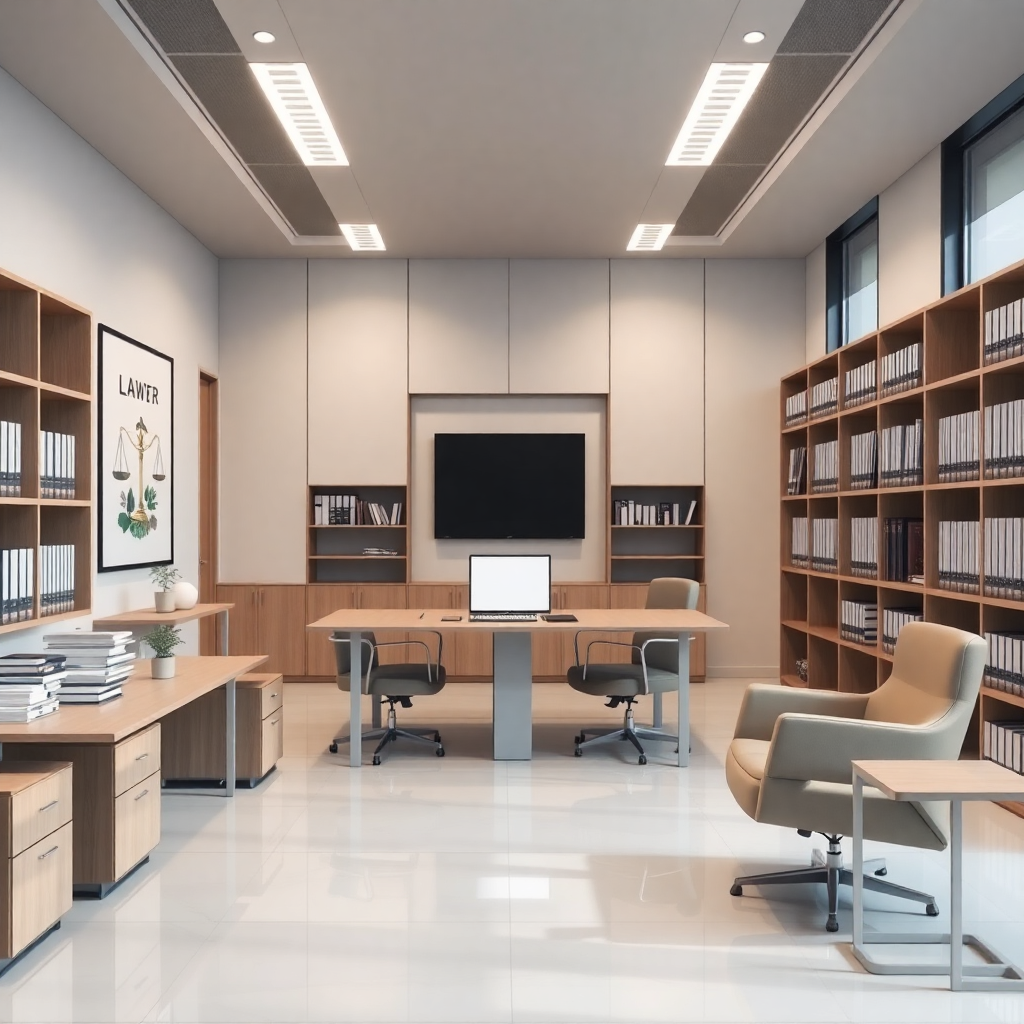 professional corporate law office interior with modern furniture, law books, and business documents, clean minimal design, natural lighting