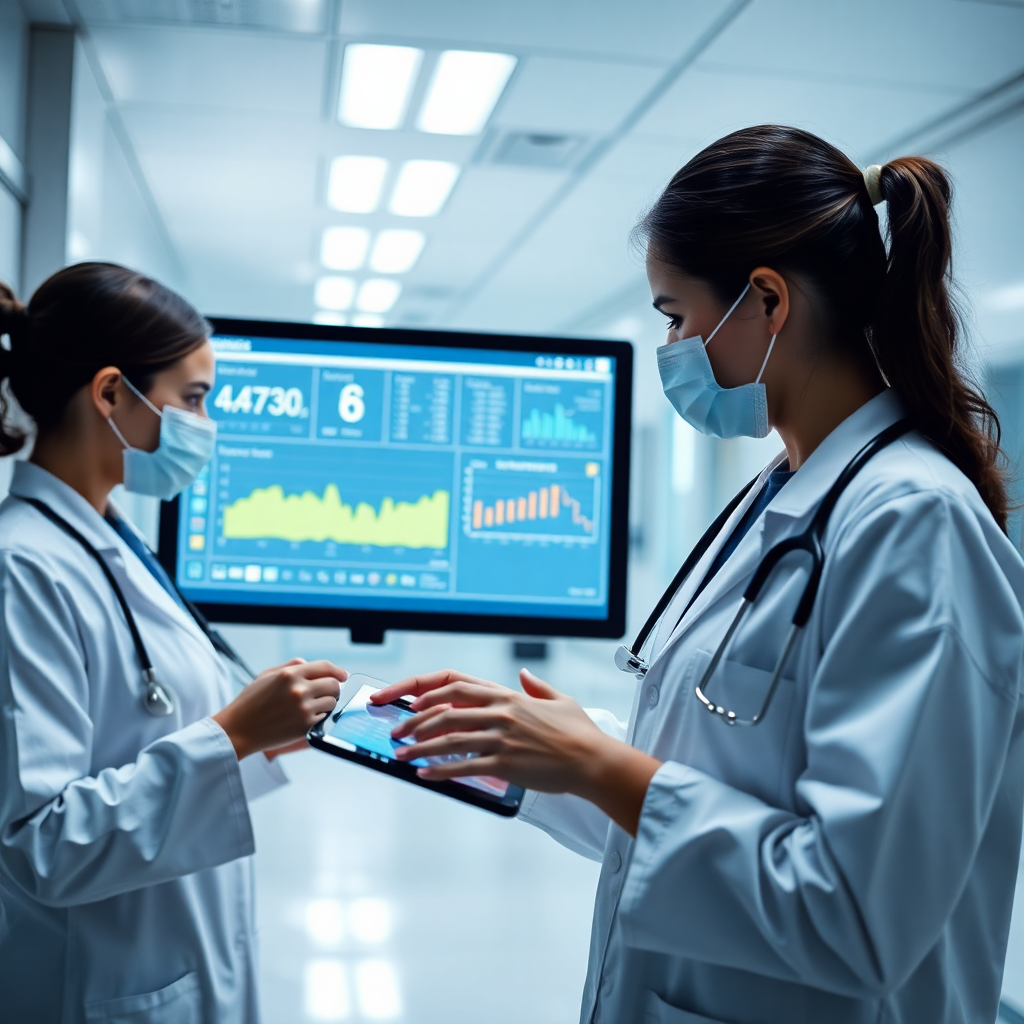 modern hospital digital system with secure patient records interface, medical data visualization, and healthcare professionals using tablets