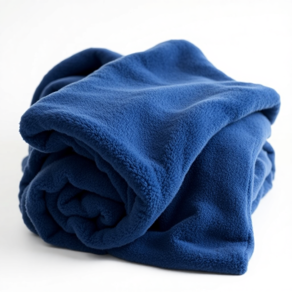 cozy fleece blanket in navy blue color, soft fabric texture, product photography, clean background