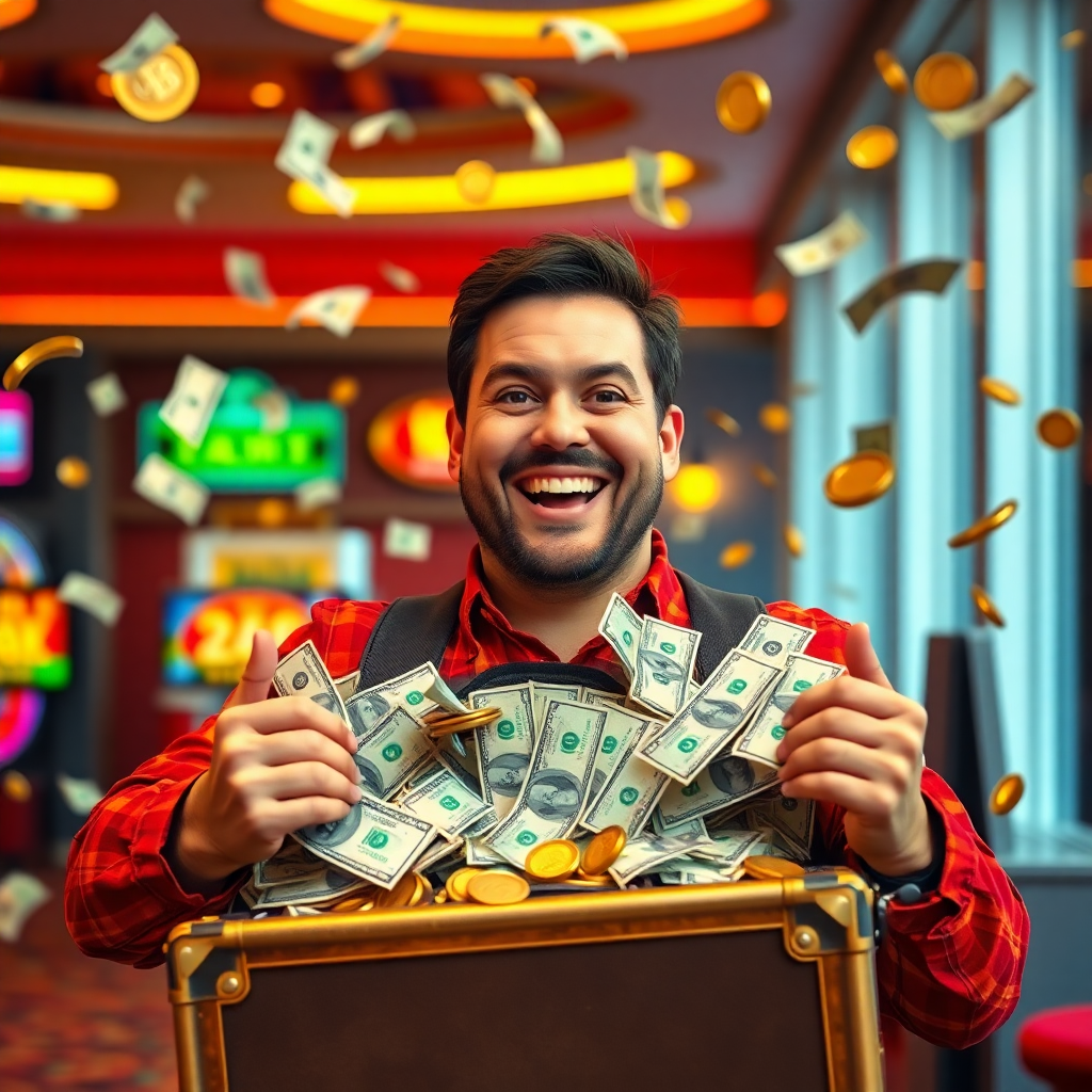 cinematic shot of a happy man holding a suitcase full of cash dollars, casino background with flying money and gold coins, vibrant colors, photorealistic, 8k