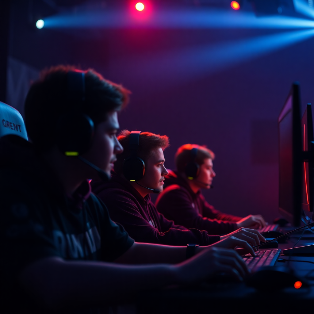 esports players in dramatic lighting with gaming setup, cinematic atmosphere