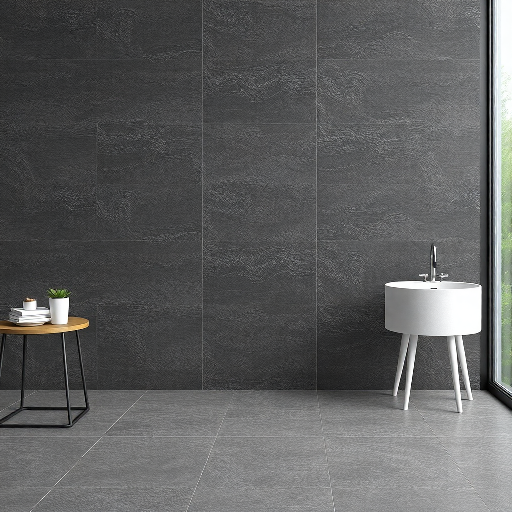dark grey slate texture vitrified floor tile modern industrial