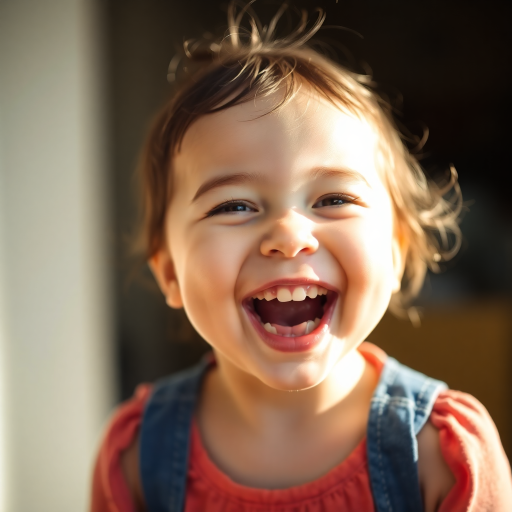 baby girl laughing in sunlight, close up portrait, soft focus background
