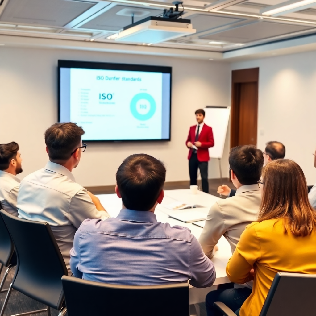 professional training session in conference room, trainer presenting ISO standards to diverse group of employees, interactive learning environment
