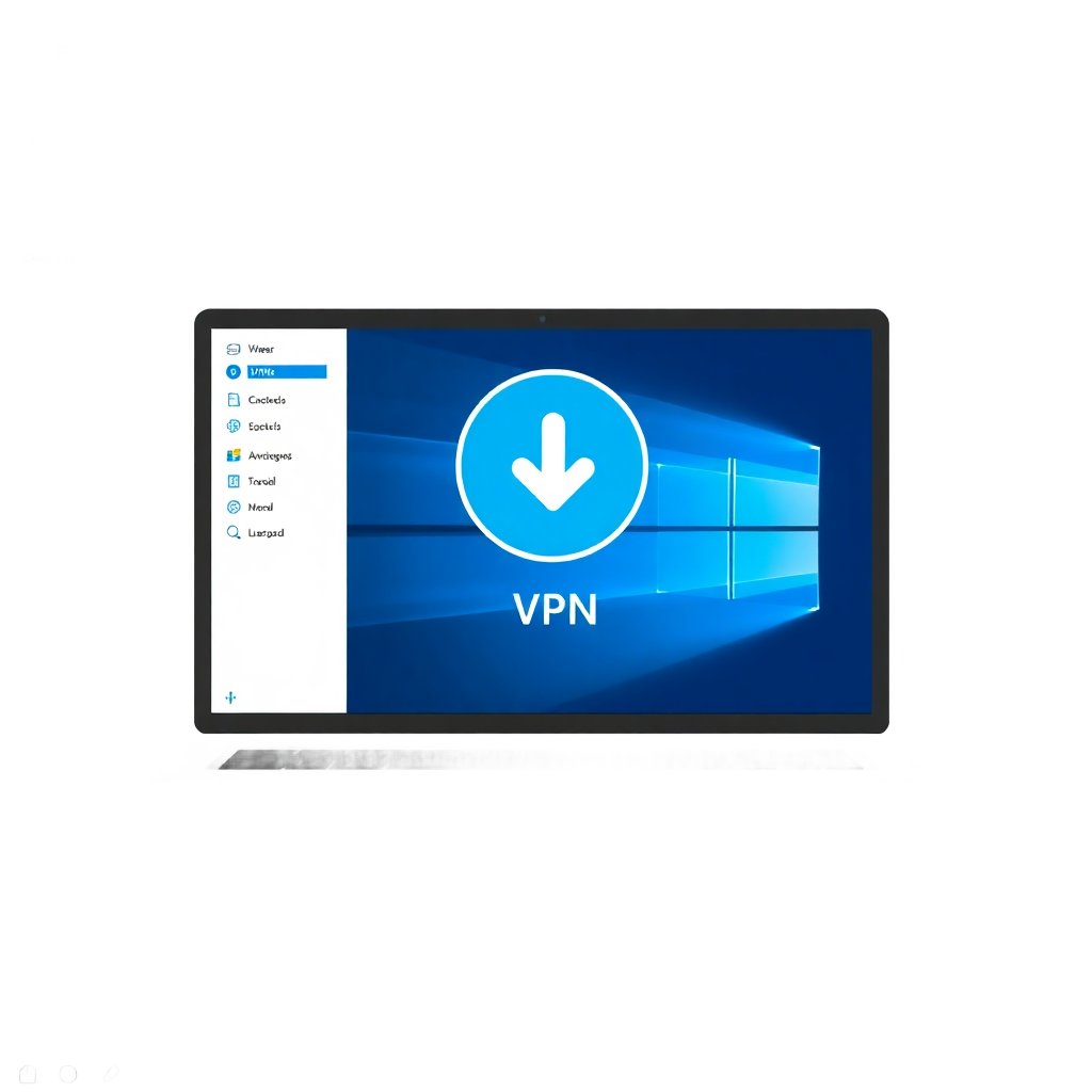Windows computer with download icon, VPN software installation, blue and white theme, modern flat design style