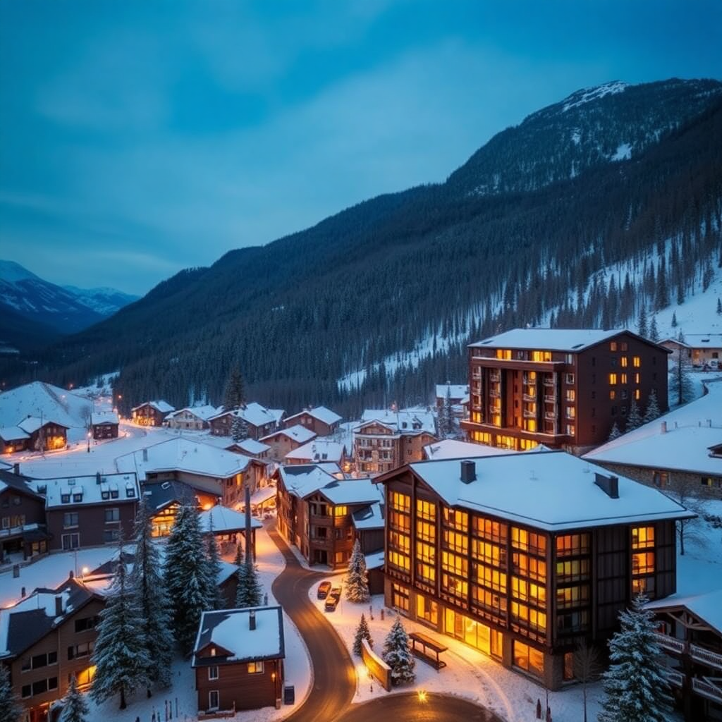 aerial view Soldeu village Andorra Grandvalira ski resort Sport Hotel Hermitage location luxury alpine mountain editorial photography dark cinematic champagne gold tones Pyrenees valley winter
