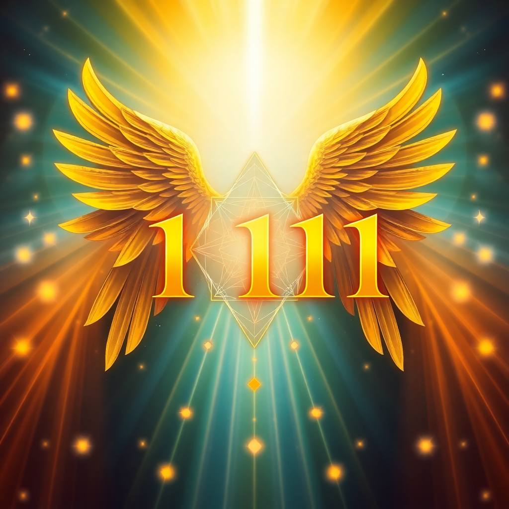 angel number 1111 with golden light rays and sacred geometry patterns, spiritual artwork