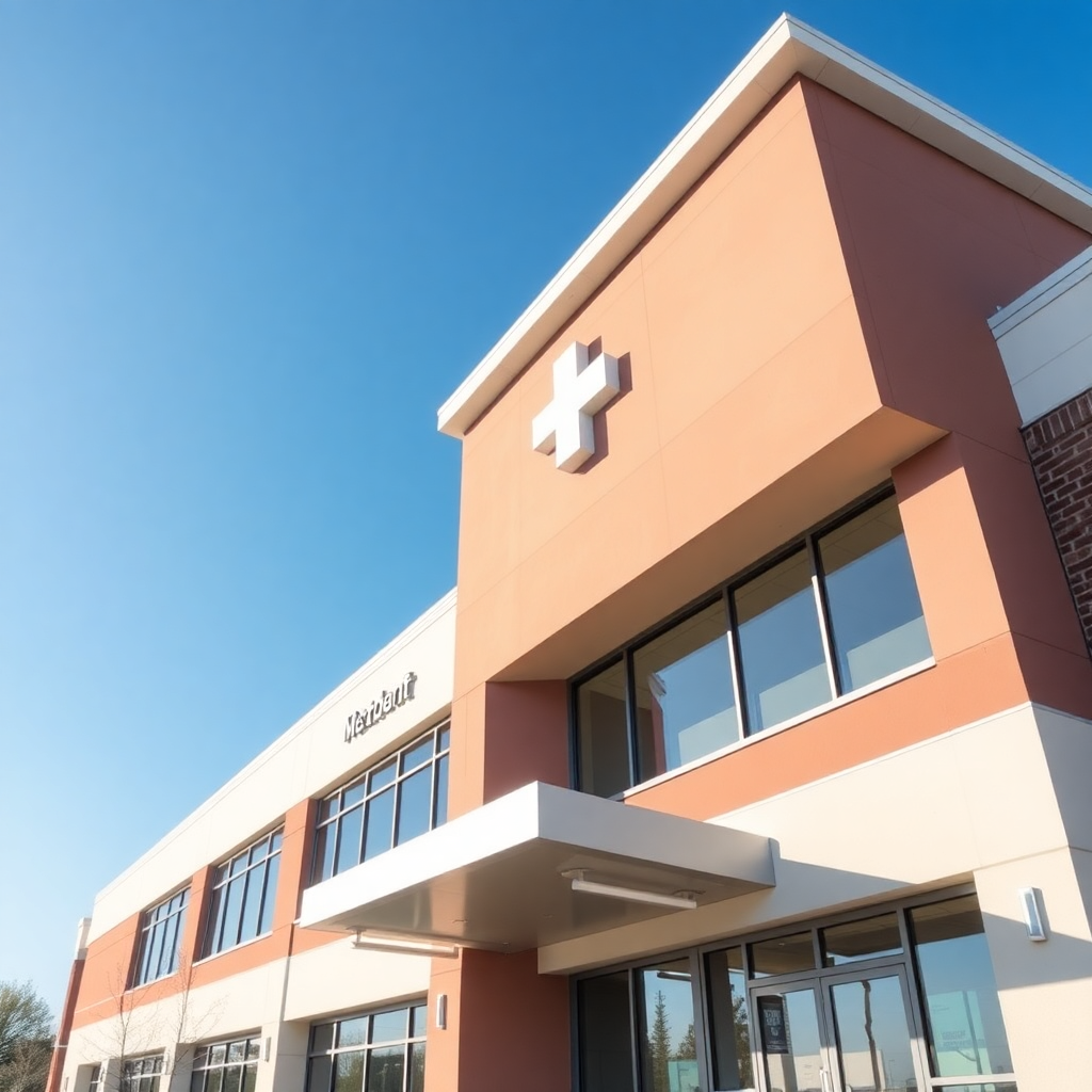 modern medical clinic building exterior, clean architecture, blue sky, professional photography