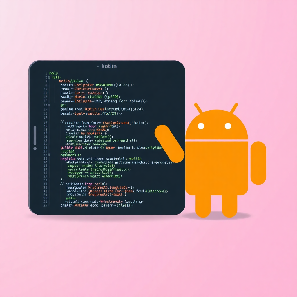 android app development concept, showing kotlin code on screen and android robot logo, modern flat style