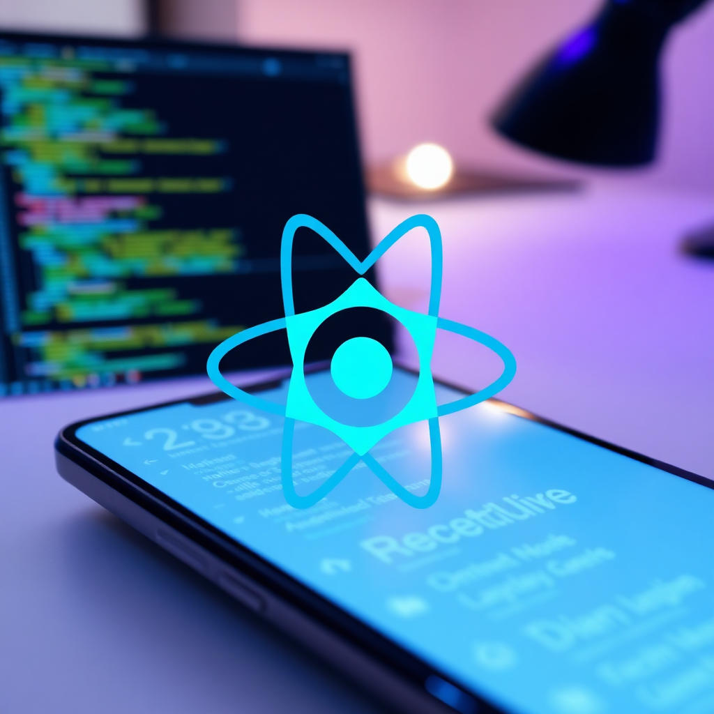 React Native logo with mobile app development code on screen, modern workspace