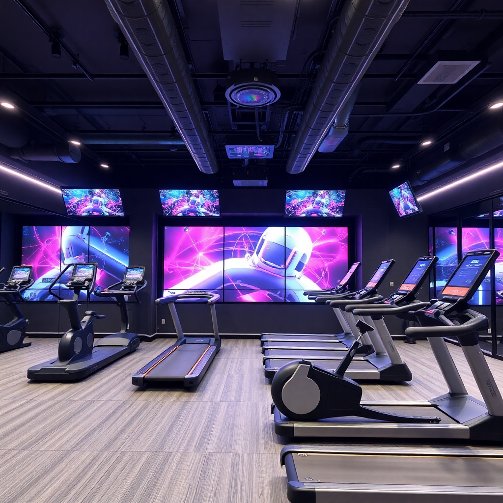 modern fitness gym with smart technology, digital displays, and automated systems