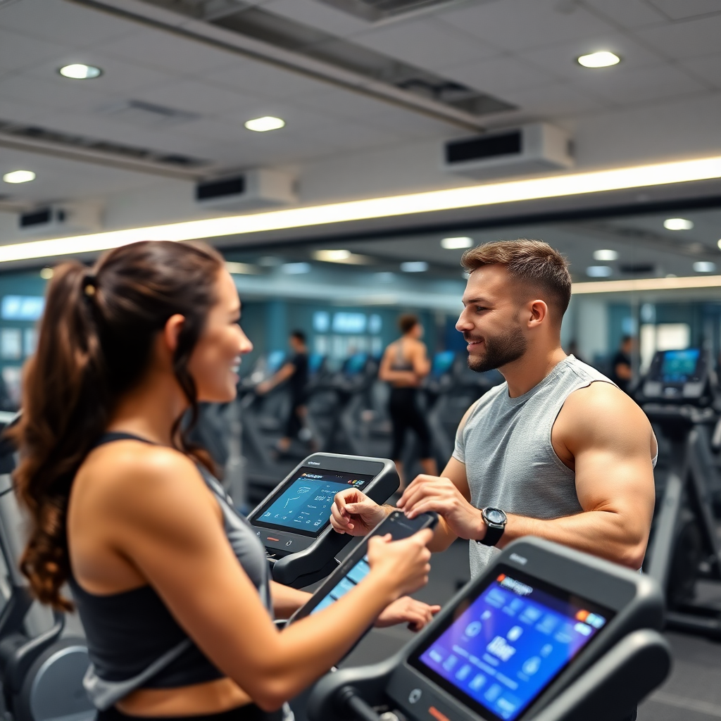 modern fitness gym with smart technology, members using equipment with digital interfaces