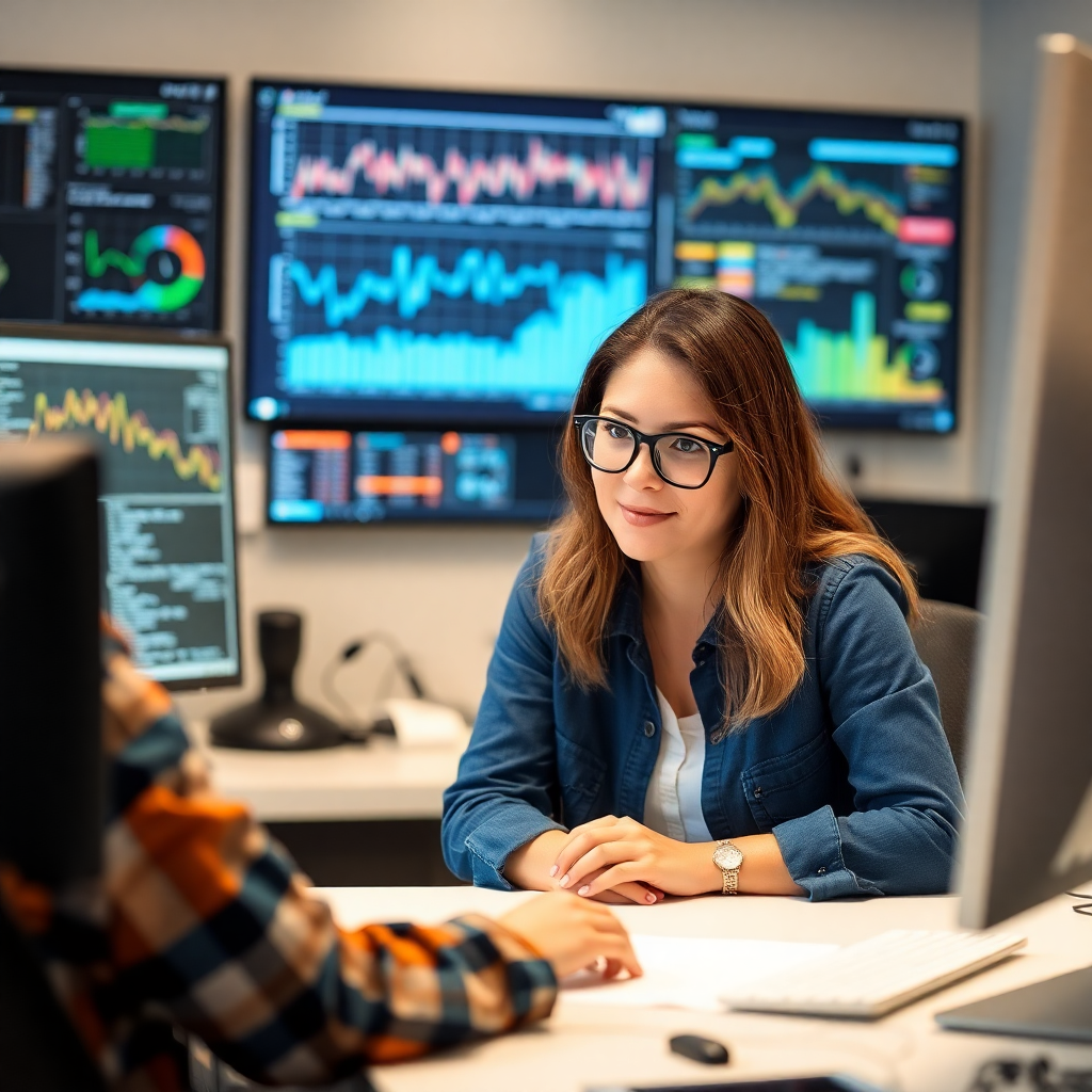 Professional female data scientist working with visualization, tech industry leader, portrait photography