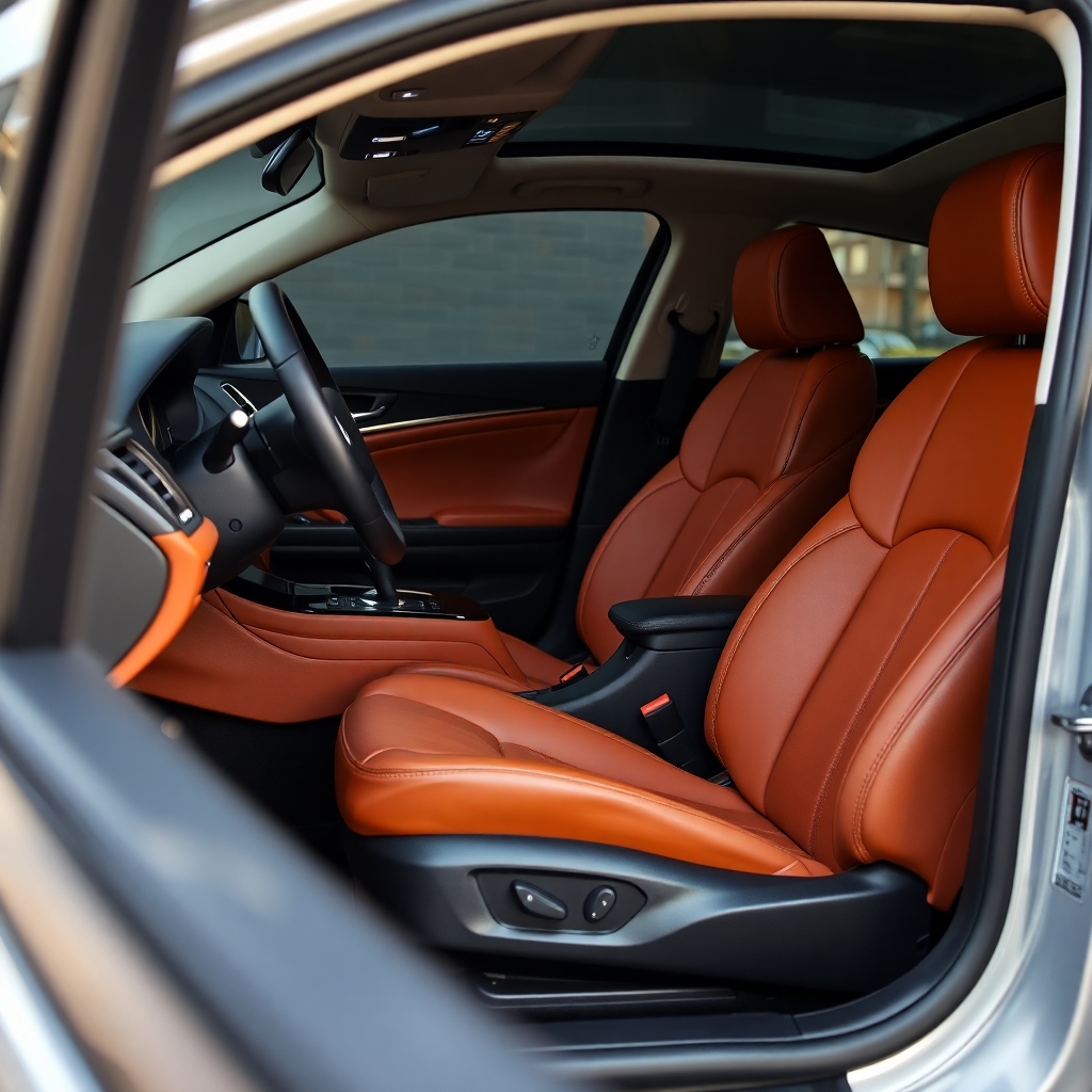 close up interior of luxury JAC car showing premium leather seats dashboard and steering wheel, automotive interior photography