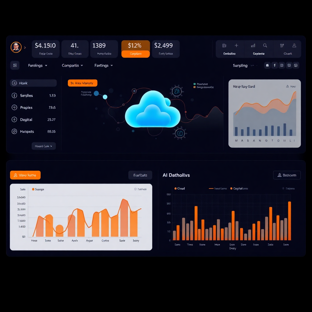 modern SaaS dashboard met AI-analyses, cloud computing interface, donker thema met oranje accenten, futuristisch ontwerp