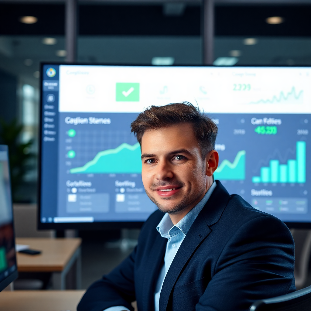 Business person looking confident at computer screen showing compliance dashboard with green checkmarks and upward trending graphs, modern office setting