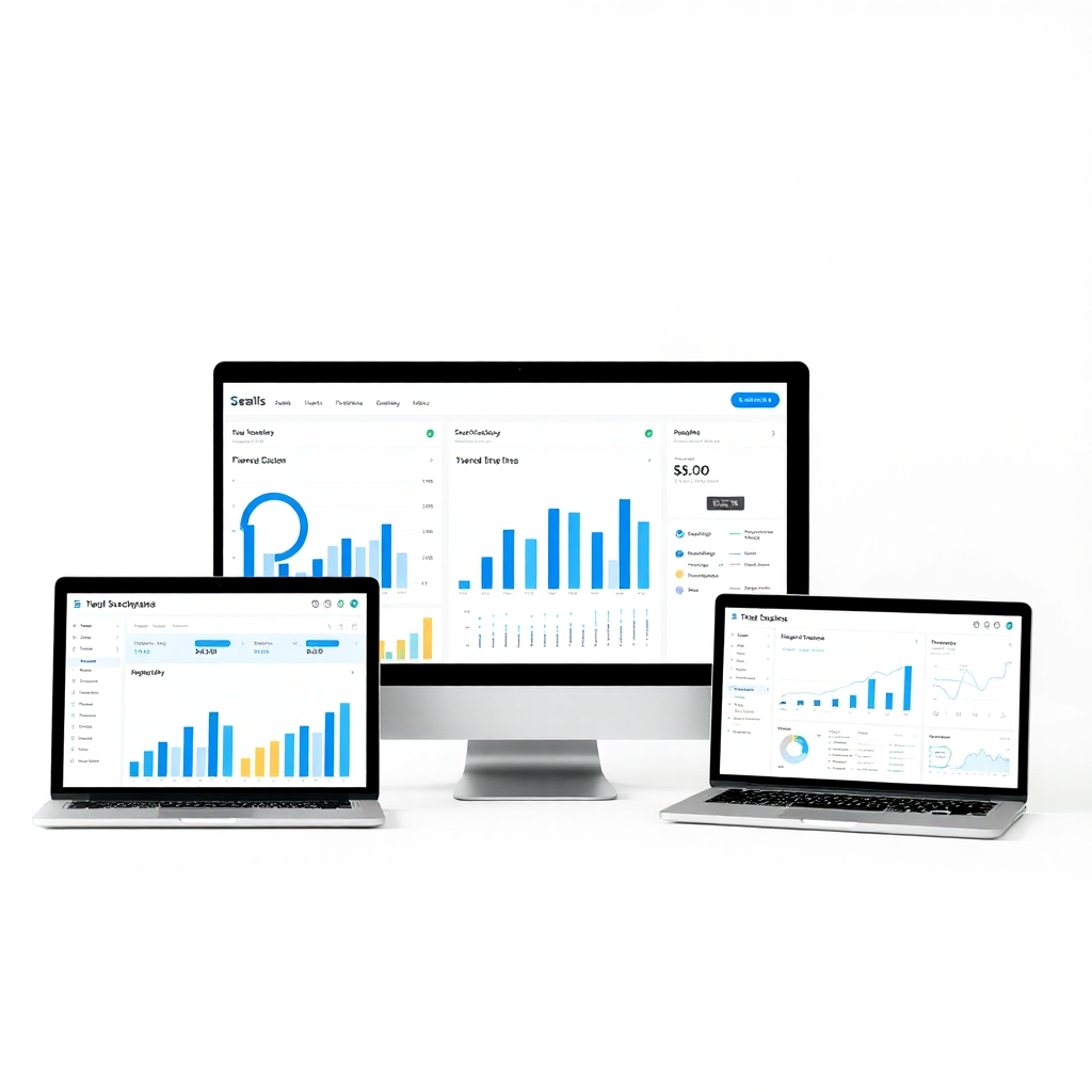 SaaS software dashboard on multiple devices, B2B technology platform, modern interface, professional business software
