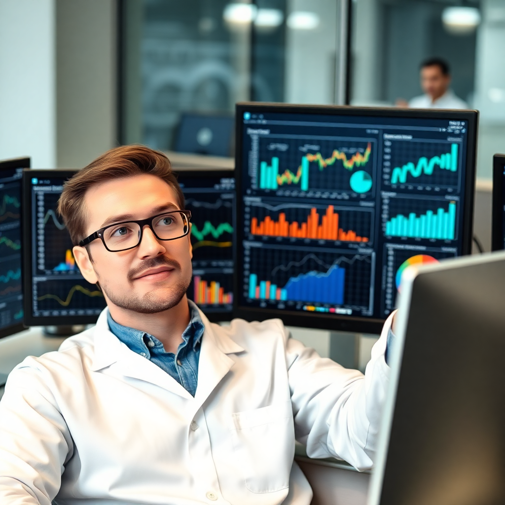 Data scientist analyzing charts on screen