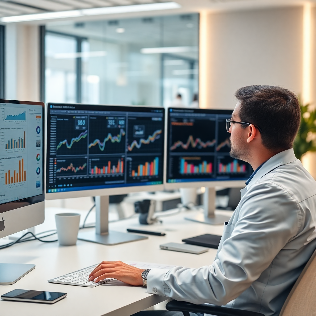 Data scientist analyzing charts on screen