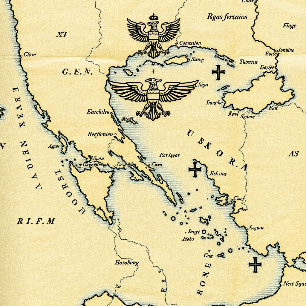 Close-up detail of Rigas Feraios Charta map showing Greek regions, Byzantine double-headed eagle symbol, Greek Orthodox crosses, historical cartographic symbols, authentic 18th century Greek revolutionary document