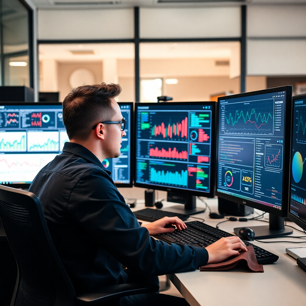 professional software developer working on multiple monitors with data visualization charts, modern office setup, high-tech atmosphere