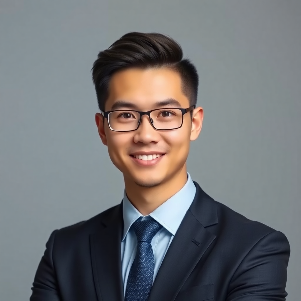 professional business portrait of a confident young man in suit, corporate headshot, neutral background, high quality