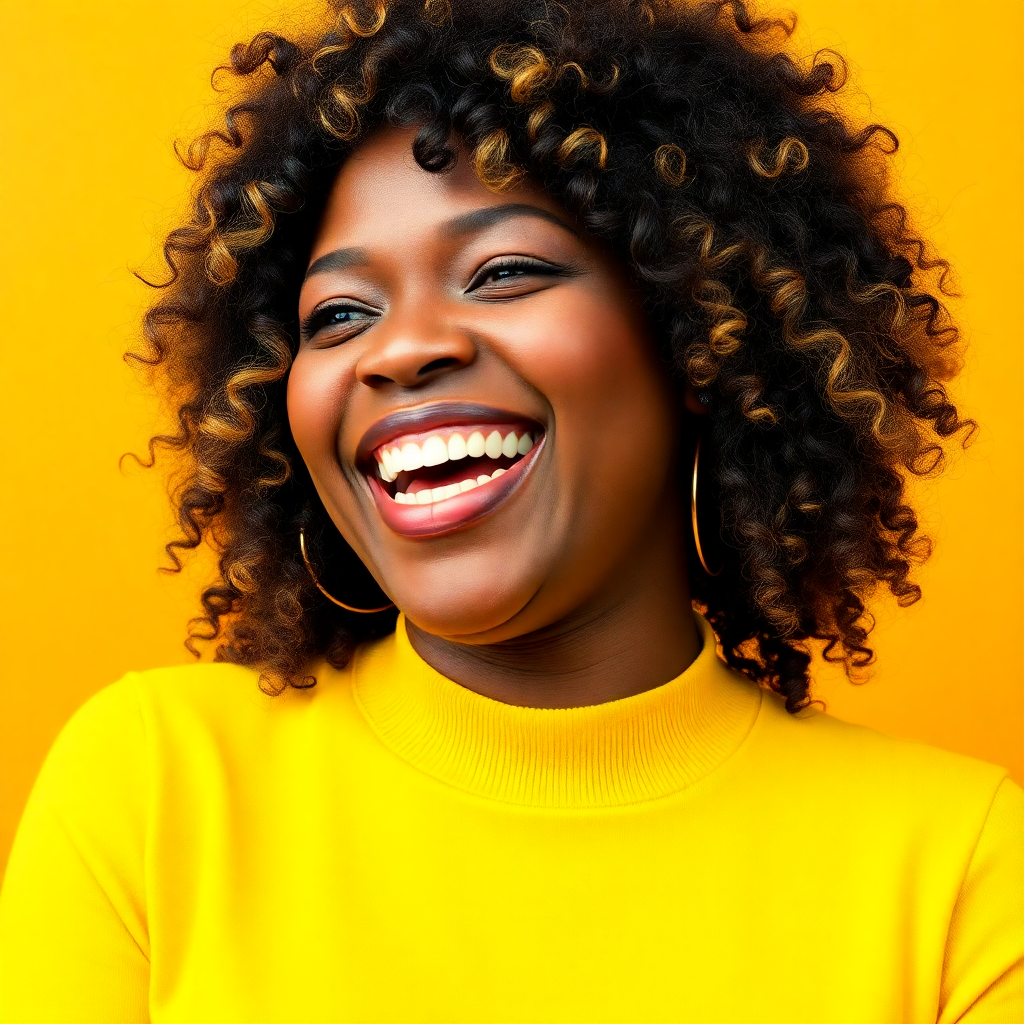 Headshot of Glo Atanmo, a joyful woman with highlighted curly hair against a warm yellow background.