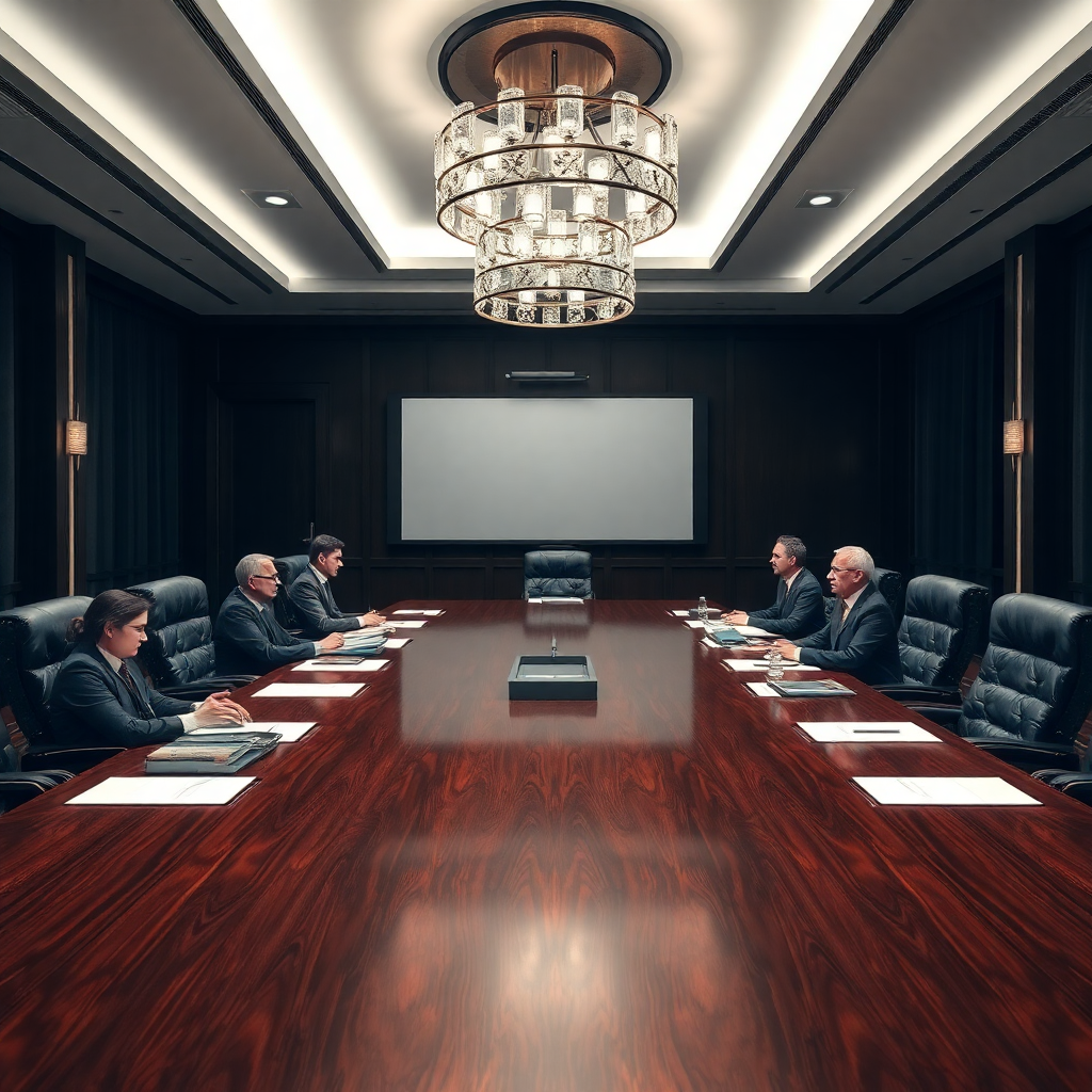 high quality photo of a luxury boardroom meeting, dark wood table, serious discussion, professional financial context